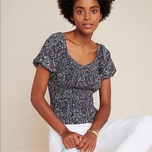 Anthropologie Aurelia Black and White Smocked Crop Top with Puff Sleeve Size S